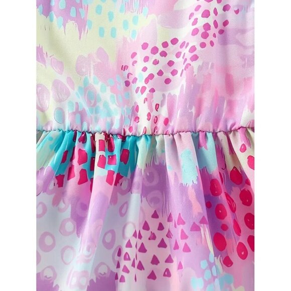 2 Girls Ruffle Trim Heart Print & Colorful Printed Dress Set Sleeveless Sundress - Picture 3 of 5